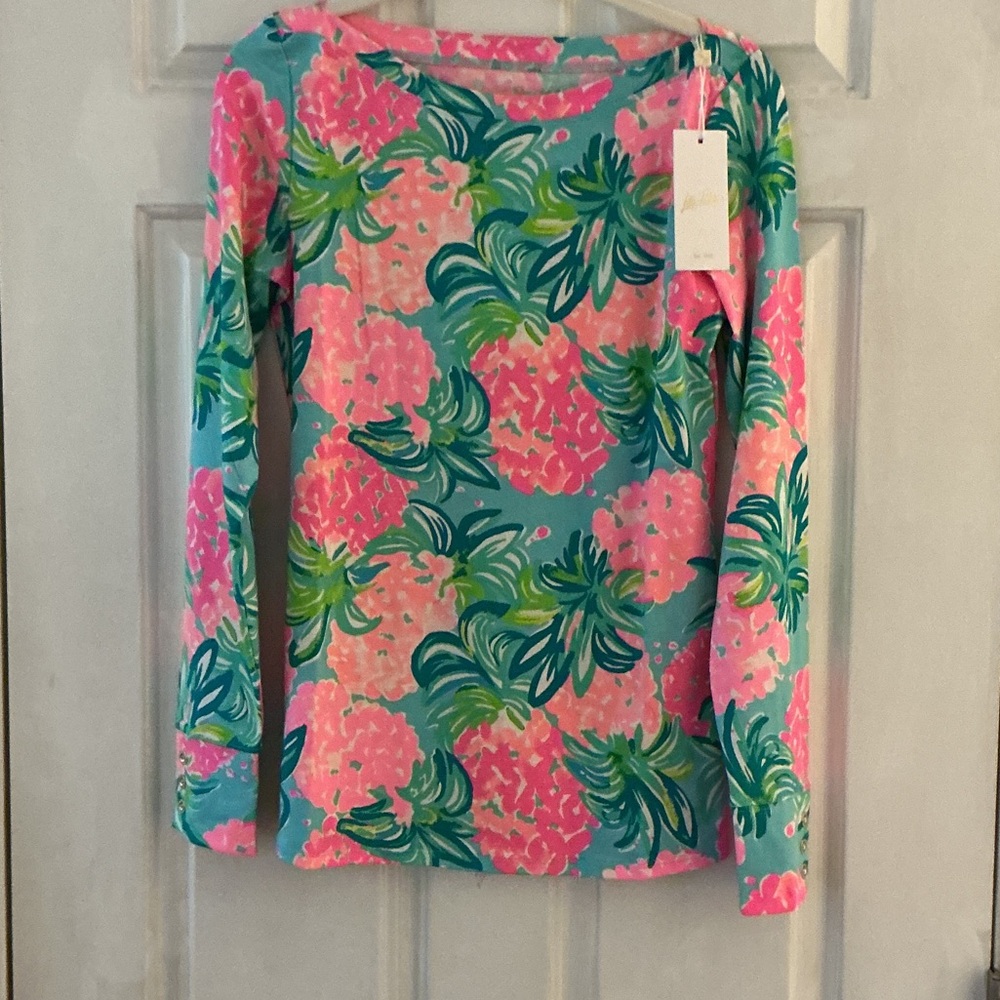 Lilly Pulitzer Blue Ibiza Pineapple Shake ALEAH Long Sleeve Knit Top S NWT